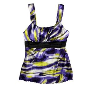 IZ Byer Vintage Sleeveless Padded Y2K Babydoll Top  Size L  Purple Print Satin